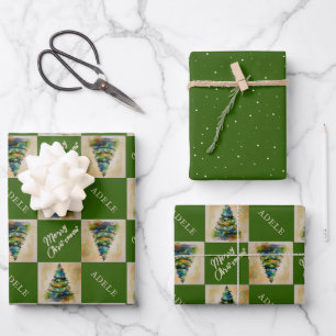Festive Christmas Tree Watercolor Green Holiday  Wrapping Paper Sheet