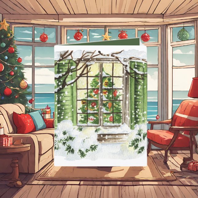 Festive  Christmas tree window add text Holiday Card (Creator Uploaded)