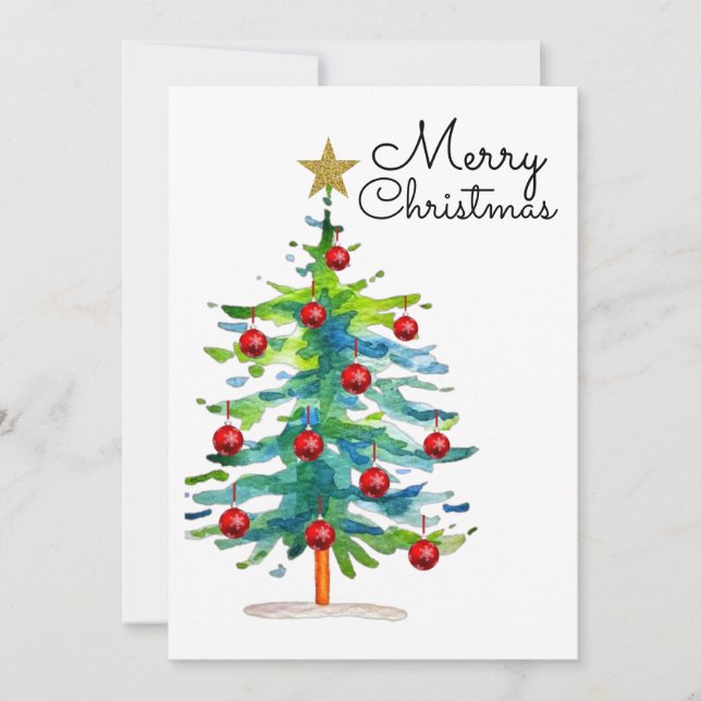 Festive Christmas Tree With Red Ornaments Holiday Card (Front)