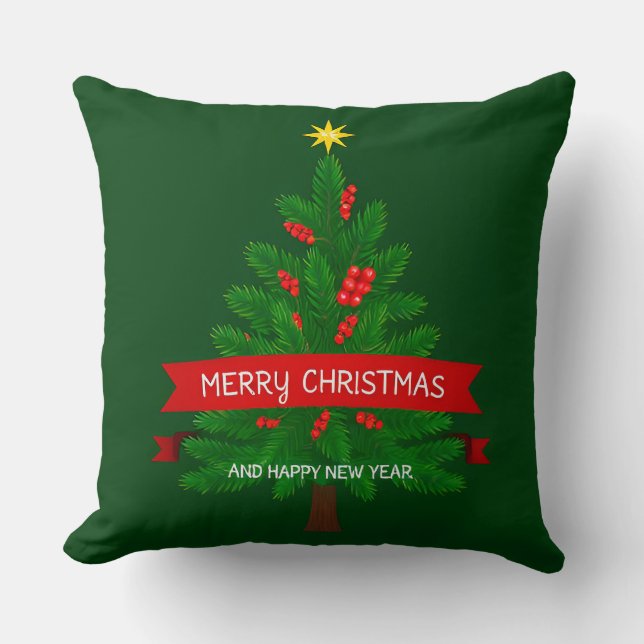 Festive Christmas Tree with Red Ribbon Cushion (Front)