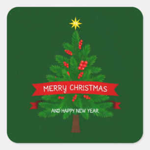 Festive Christmas Tree with Red Ribbon Square Sticker