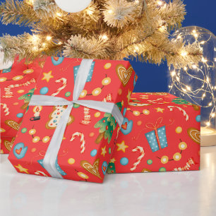 Festive Christmas Trees and Cookies Red Wrapping Paper