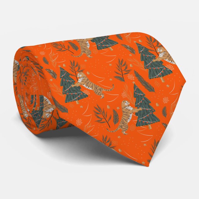 Festive Christmas trees and cute tigers pattern Tie (Rolled)