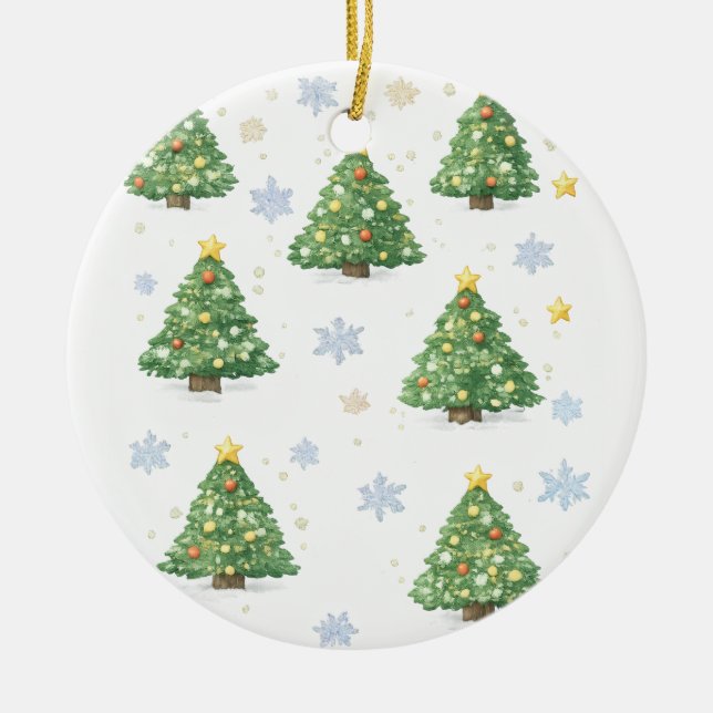 Festive Christmas Trees and Snowflakes Ceramic Tree Decoration (Front)