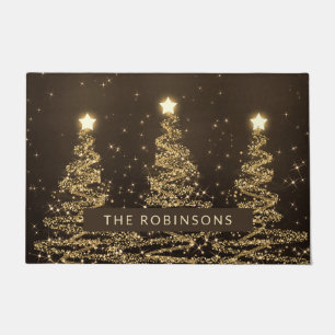 Festive Christmas Trees Gold w/ Family Name  Doormat