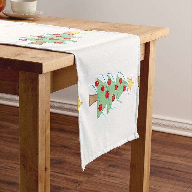 Festive Christmas Trees on White Table Runner (In Situ)