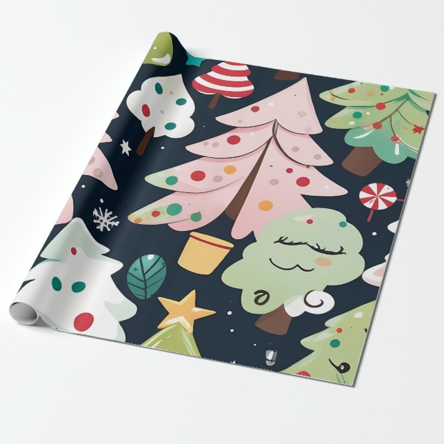 Festive Christmas Trees Pattern Wrapping Paper (Unrolled)