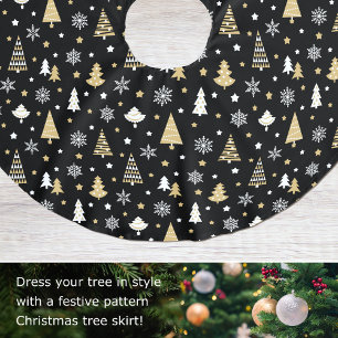 Festive  Christmas Trees Snowflakes Black Brushed Polyester Tree Skirt
