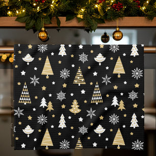 Festive Christmas Trees Snowflakes Black Tea Towel