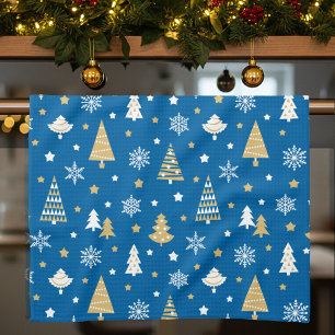 Festive Christmas Trees Snowflakes Blue Tea Towel