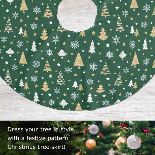 Festive Christmas Trees Snowflakes Dark Green Brushed Polyester Tree Skirt