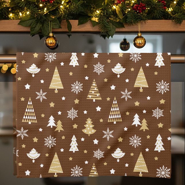 Festive Christmas Trees Snowflakes Pattern Brown Tea Towel (Creator Uploaded)