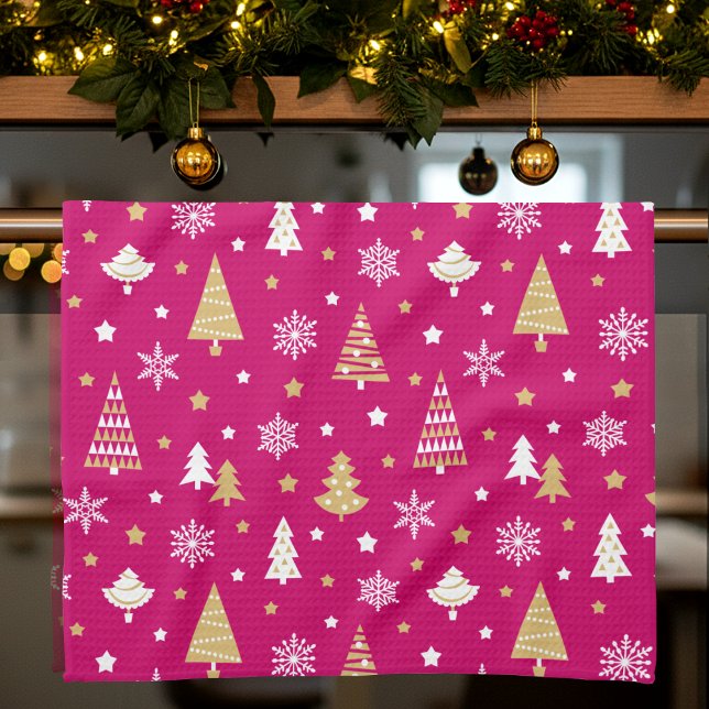 Festive Christmas Trees Snowflakes Pattern Pink Tea Towel (Creator Uploaded)