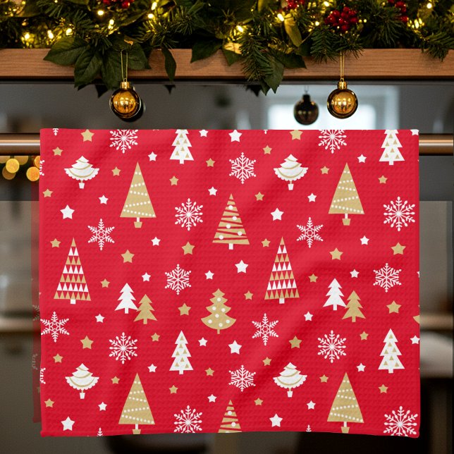 Festive Christmas Trees Snowflakes Red Gold Tea Towel (Creator Uploaded)