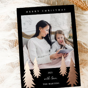 Festive Christmas Trees Two Photo Black Foil Holiday Card
