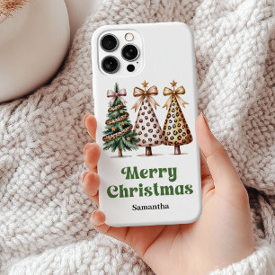 Festive Christmas trees watercolor leopard print   iPhone 15 Mini Case