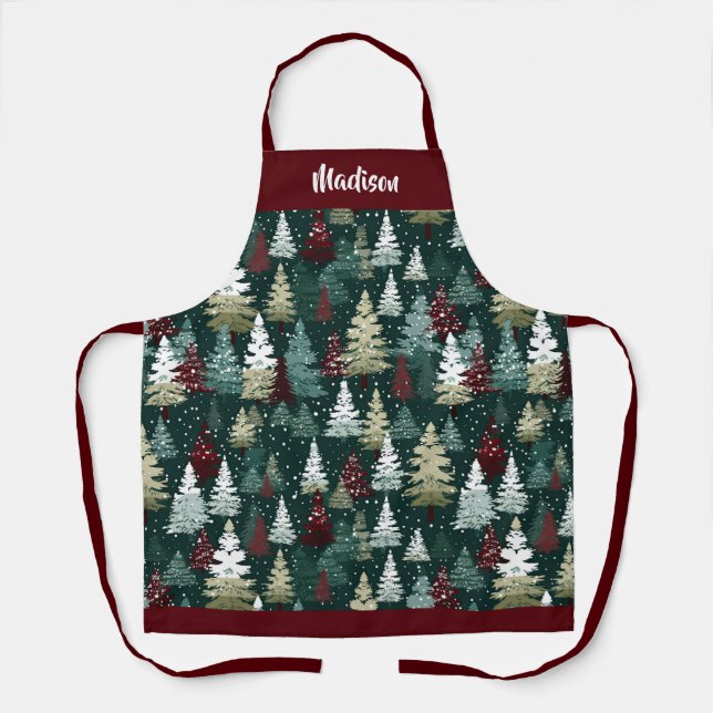 Festive Christmas Trees Winter Personalised Name Apron (Front)