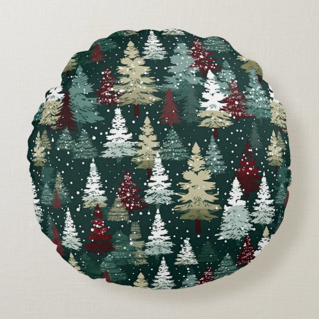 Festive Christmas Trees Winter Snow Holiday Round Cushion (Front)