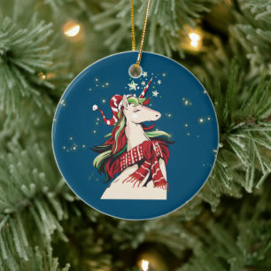 Festive Christmas unicorn add text Ceramic Tree Decoration
