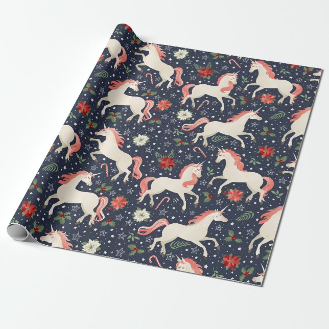 Festive Christmas Unicorn | Candy Canes & Snow Wrapping Paper (Unrolled)