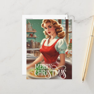 Festive Christmas vintage lady add message Holiday Postcard