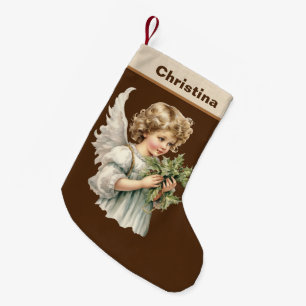 Festive Christmas watercolor Angel add name  Small Christmas Stocking