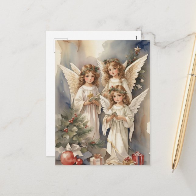Festive Christmas watercolor Angels  Holiday Postcard (Front/Back In Situ)