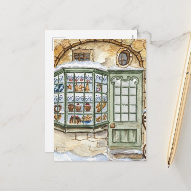 Festive Christmas watercolor bakery Holiday Postcard (Front/Back In Situ)