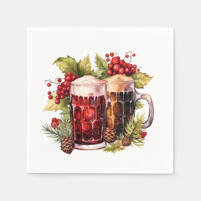 Festive Christmas watercolor beer drinking  Napkin (Front)