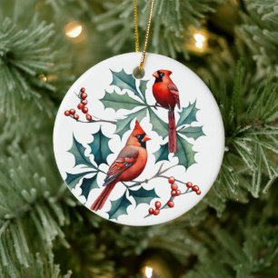 Festive Christmas watercolor cardinals add text  Ceramic Tree Decoration