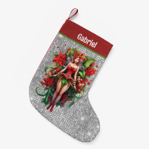 festive Christmas watercolor fairy add name  Small Christmas Stocking