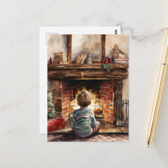 Festive Christmas watercolor fireplace child  Postcard (Front/Back In Situ)