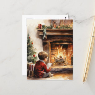 Festive Christmas watercolor fireplace child Postcard