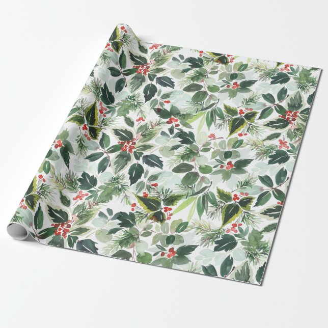 Festive Christmas Watercolor Foliage Holly Berry Wrapping Paper (Unrolled)