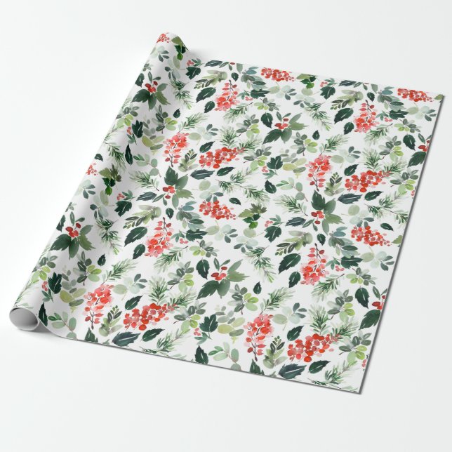 Festive Christmas Watercolor Foliage Holly Berry Wrapping Paper (Unrolled)