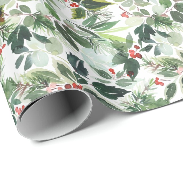 Festive Christmas Watercolor Foliage Holly Berry Wrapping Paper (Roll Corner)