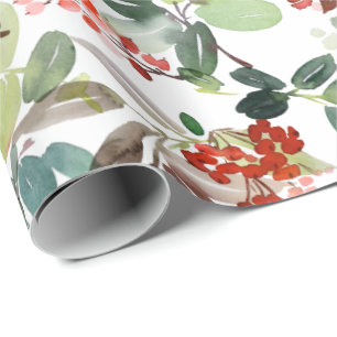 Festive Christmas Watercolor Foliage Holly Berry Wrapping Paper
