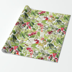 Festive Christmas Watercolor Foliage Holly Berry Wrapping Paper