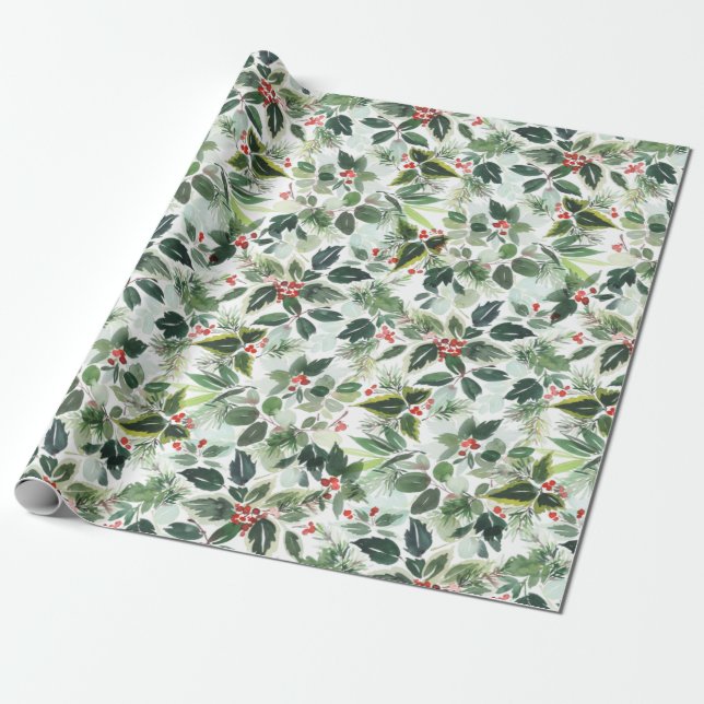 Festive Christmas Watercolor Foliage Holly Berry Wrapping Paper (Unrolled)
