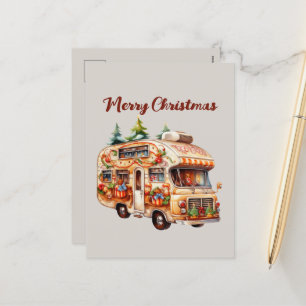 Festive Christmas watercolor gingerbread camper Holiday Postcard