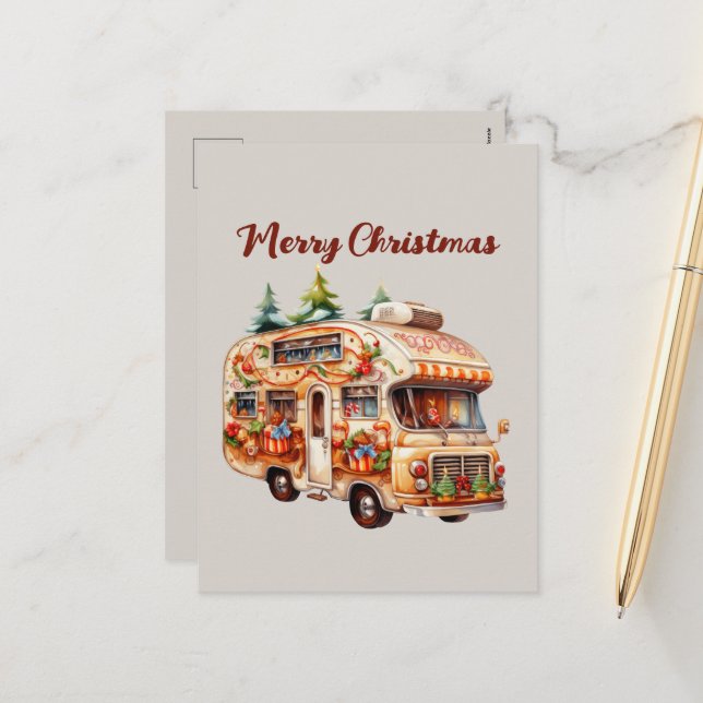 Festive Christmas watercolor gingerbread camper Holiday Postcard (Front/Back In Situ)