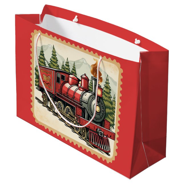 Festive Christmas watercolor Holiday train  Large Gift Bag (Back Angled)
