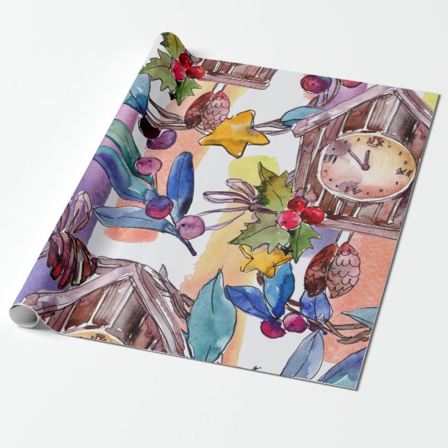 Festive Christmas Watercolor Illustration Wrapping Paper (Unrolled)