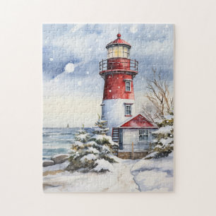 festive Christmas watercolor lighthouse lovers Jigsaw Puzzle
