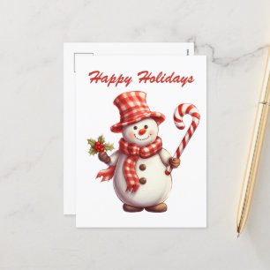Festive Christmas watercolor peppermint snowman  Holiday Postcard