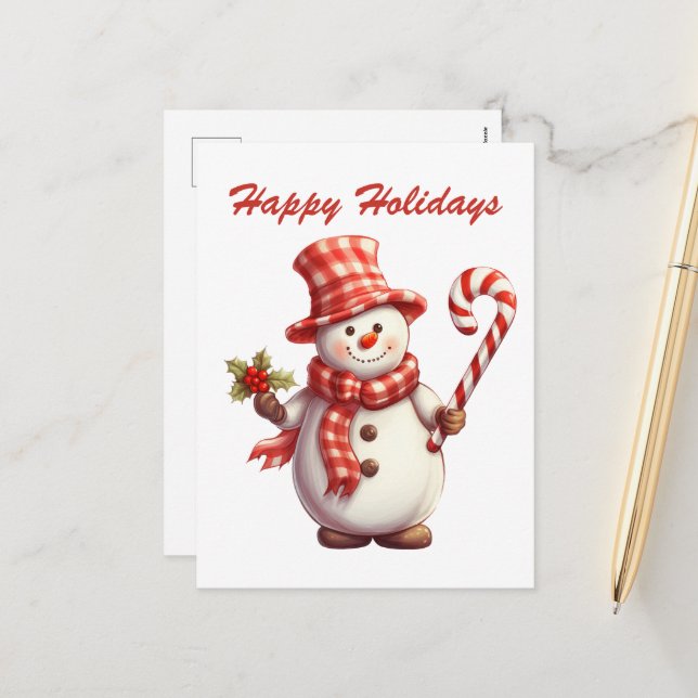 Festive Christmas watercolor peppermint snowman  Holiday Postcard (Front/Back In Situ)