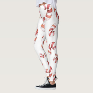 Festive Christmas Watercolor Red White Candy Cane Leggings