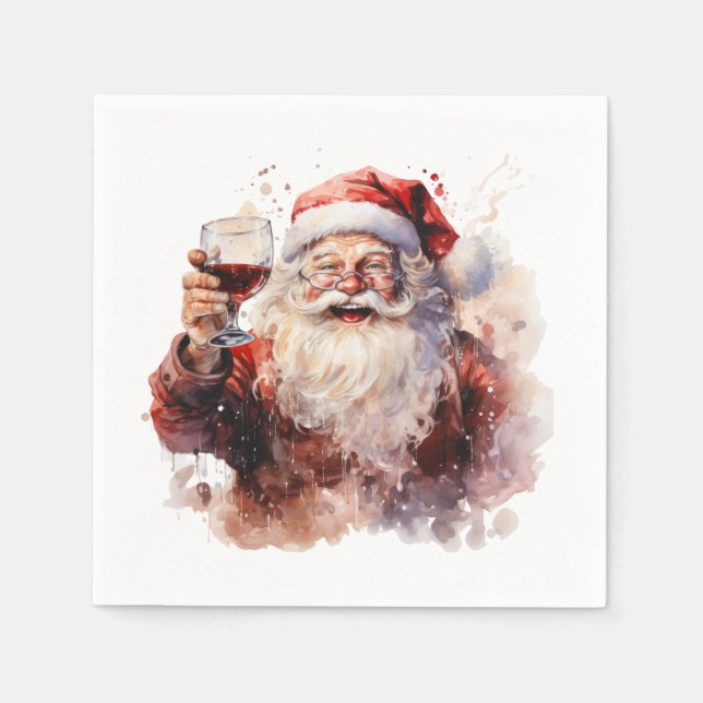 Festive Christmas watercolor Santa drinking  Napkin (Front)