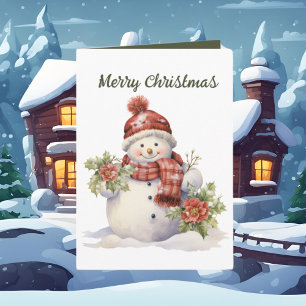 Festive Christmas watercolor snowman Card