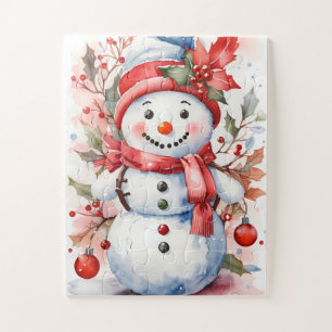 festive Christmas watercolor snowman Jigsaw Puzzle